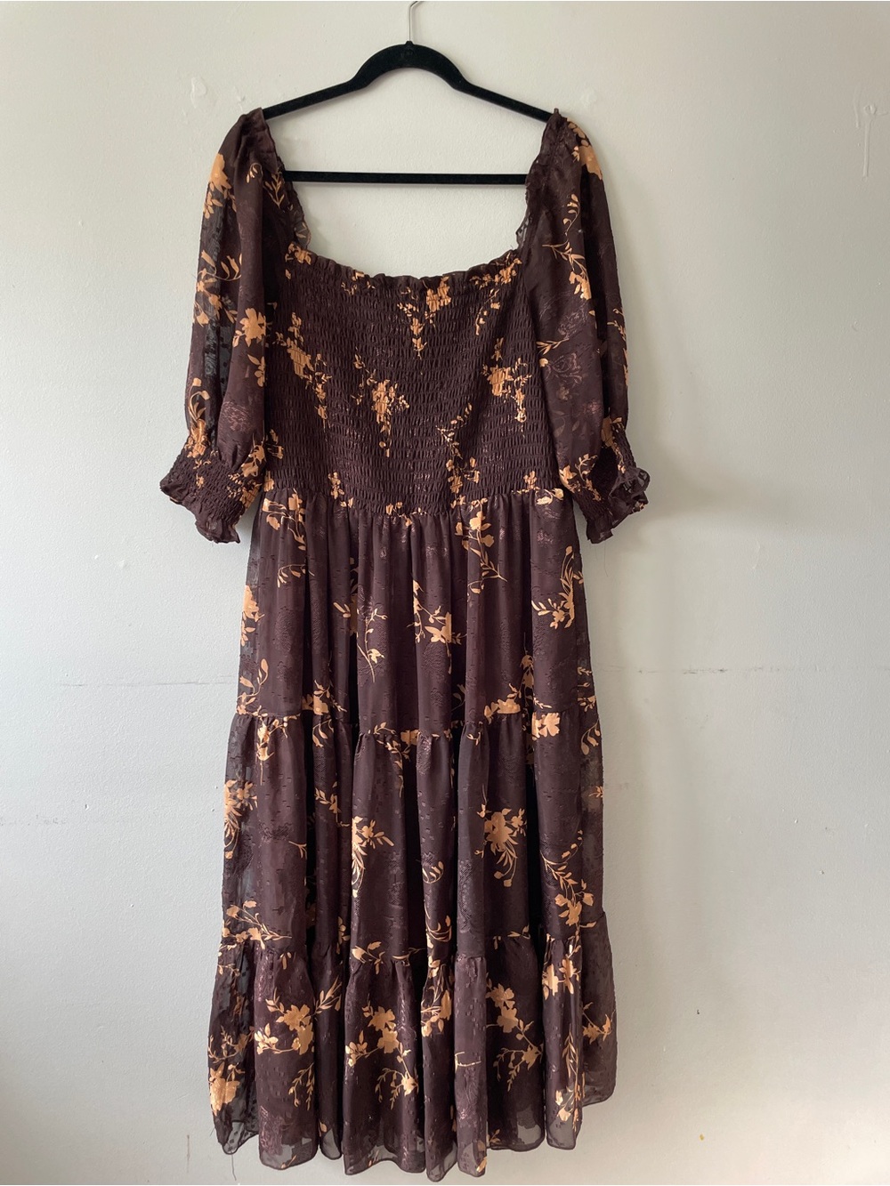 Brown Abstract Floral Tulle Smocked Midi Dress Lightweight Chiffon Puff Sleeve